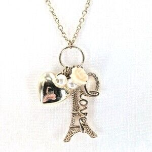 Eiffel Tower Paris Love Rose Heart Charm Necklace Gold Tone Rhinestones Pearl